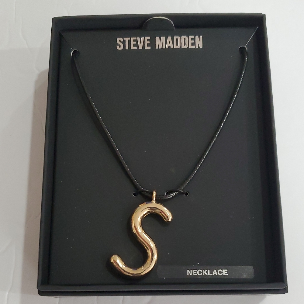 Steve Madden faux gold‎ plated letter S initial monogram black cord necklace new